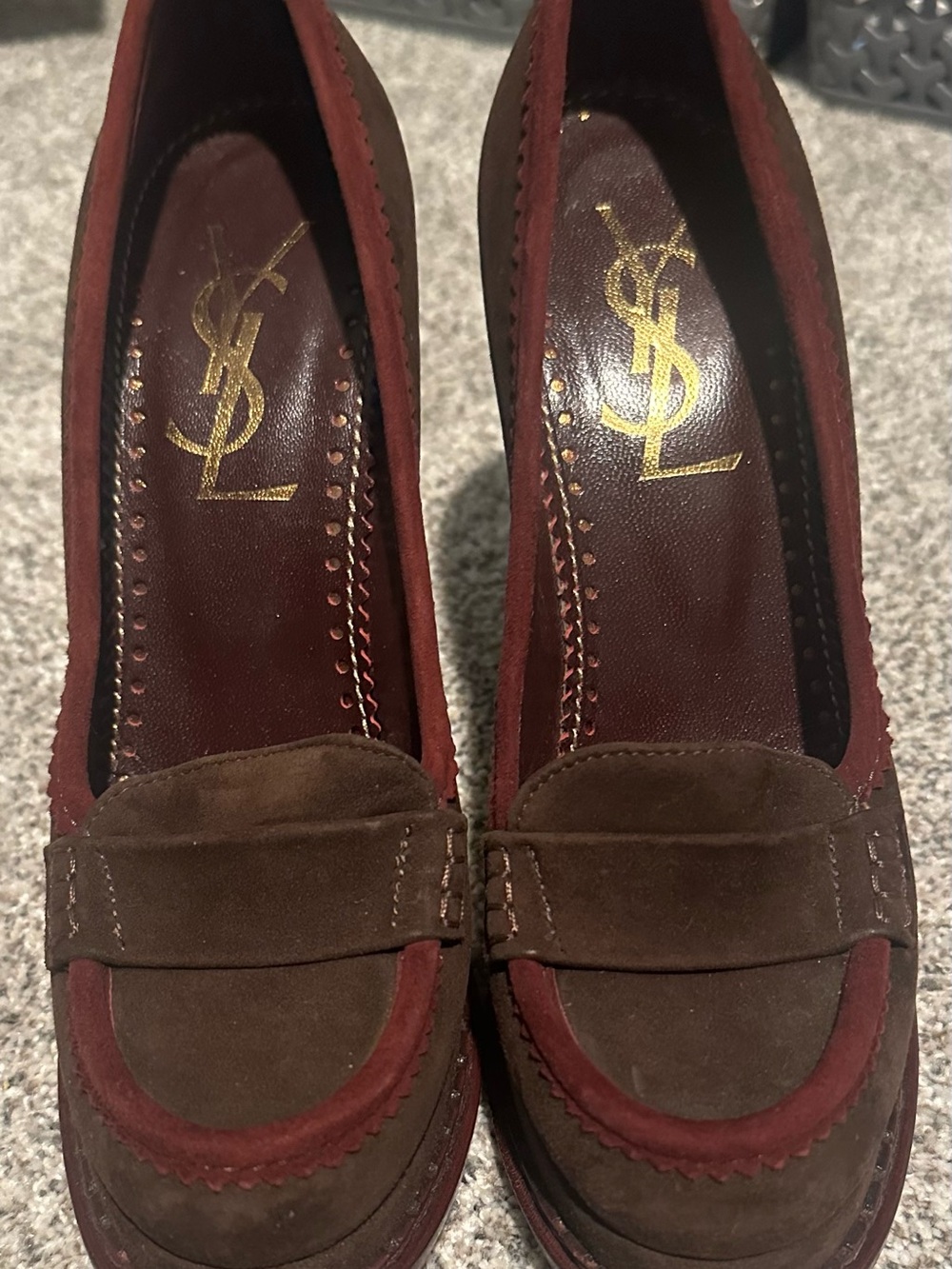 Yves Saint Laurent Brown Suede Loafers with Burgundy Trim